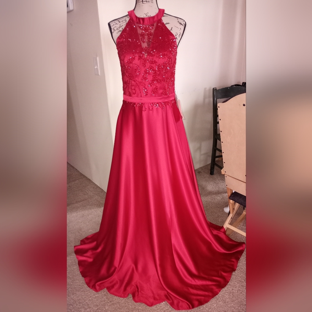 Chic Scarlet Halter Dress with Embellished Bodice